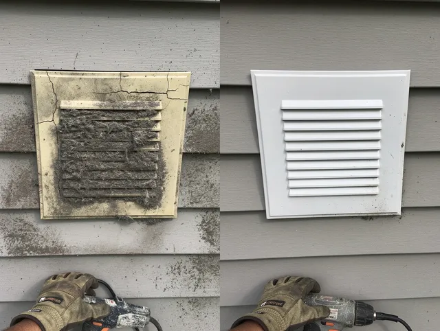 Vernon Dryer Vent Cleaning technician installing high-quality dryer vent cover at a residential property in Vernon
