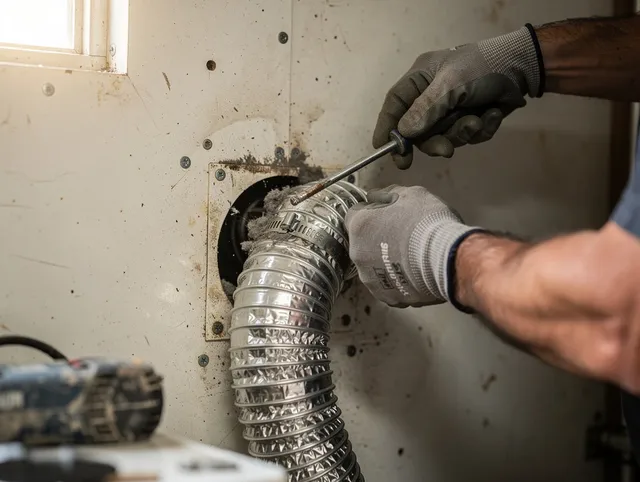 Vernon Dryer Vent Cleaning technician performing precise dryer vent hose installation in Vernon
